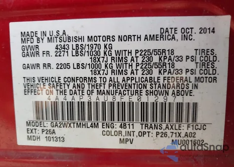 2015 Mitsubishi Outlander Sport Es z USA, uszkodzony, nr VIN 4A4AP3AU8FE012971